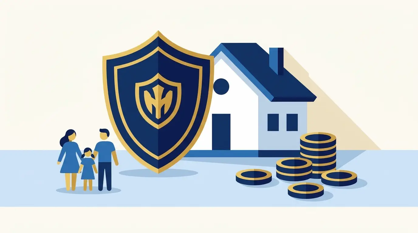 Assurance emprunteur : un bouclier protégeant une maison et une famille, avec des pièces en euros.