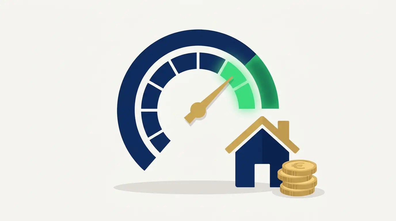 Jauge du taux d'endettement pointant vers la zone verte, à côté d'une maison et de pièces en euros.