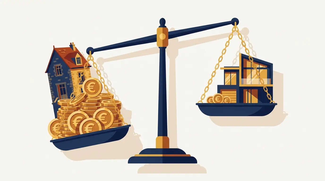 Comparaison des frais de notaire entre un logement ancien (frais élevés) et un logement neuf (frais réduits).