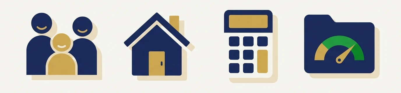 Simulateur de crédit immobilier : une famille, une maison, une calculatrice et un dossier avec une jauge « santé du projet » pointant vers le vert.