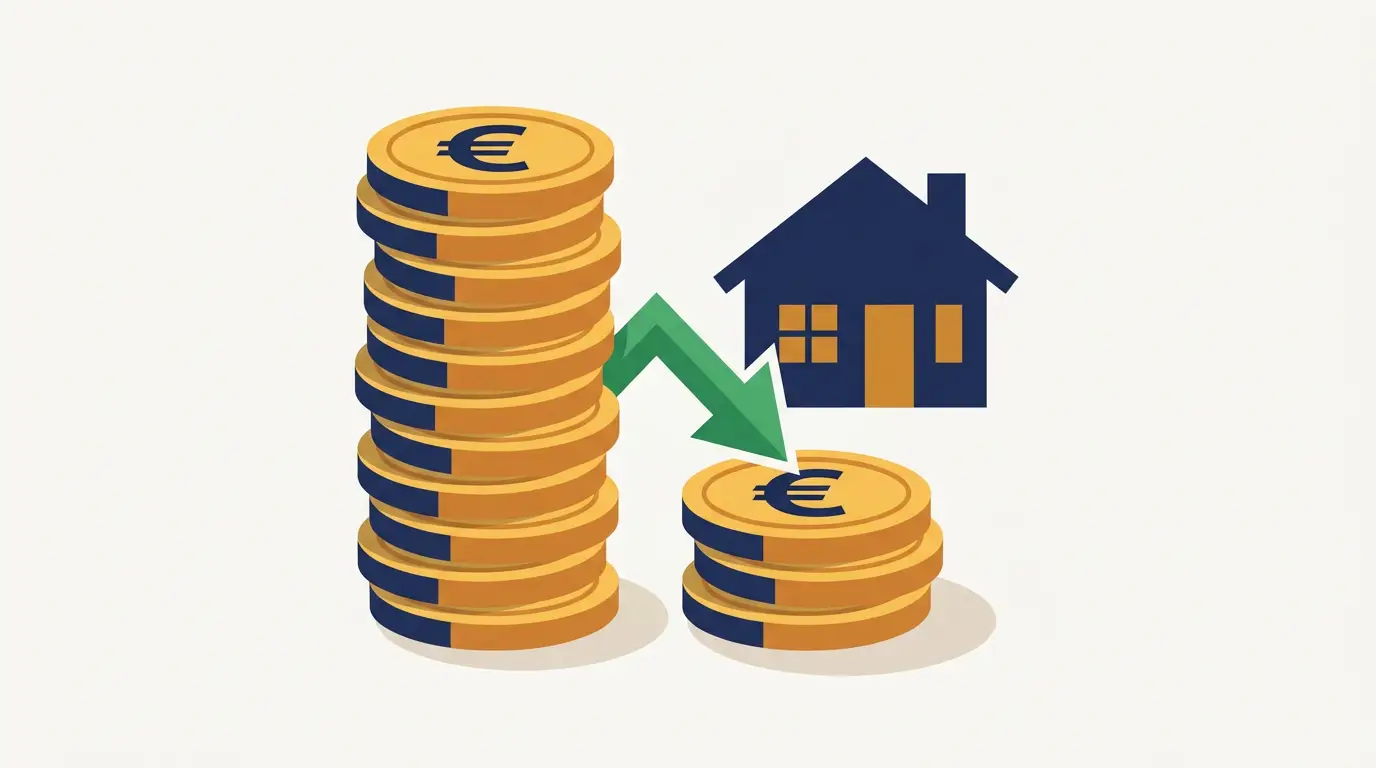 Comparaison avant/après rachat : une grande pile de pièces en euros réduite à une petite pile, avec une flèche descendante verte.