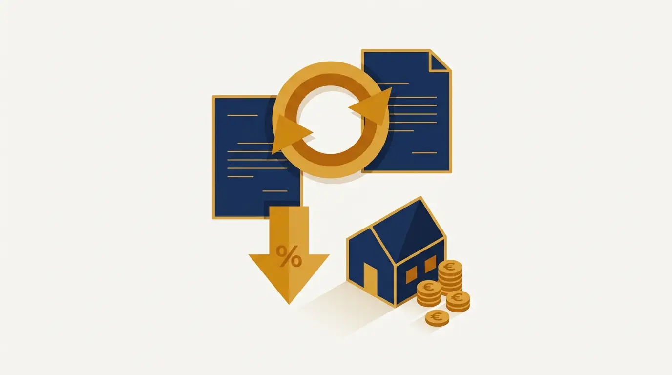 Rachat de crédit immobilier : deux contrats de prêt échangés, une flèche de taux en baisse, une maison et des pièces en euros.